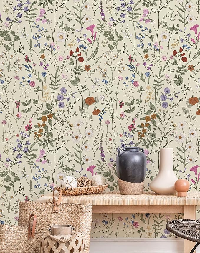 JiffDiff Floral Wallpaper Peel and Stick - Farm Floral Wall Paper Wildwood Self Adhesive Contact Paper for Home Bedroom Cabinets and Kitchen Countertop ThickenStick on Wallpaper 17.3"x118" by wallpaper