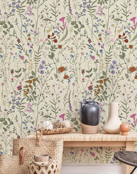JiffDiff Floral Wallpaper Peel and Stick - Farm Floral Wall Paper Wildwood Self Adhesive Contact Paper for Home Bedroom Cabinets and Kitchen Countertop ThickenStick on Wallpaper 17.3"x118" by wallpaper