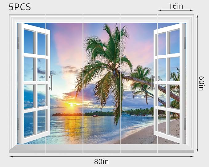 FLFK Fake Window Wall Mural - Sunrise Over the Sea Faux Window Wall Sticker for Wall Decor, Stick and Peel Wall Decals,80"x60",Set of 5 Sheets - Image 2