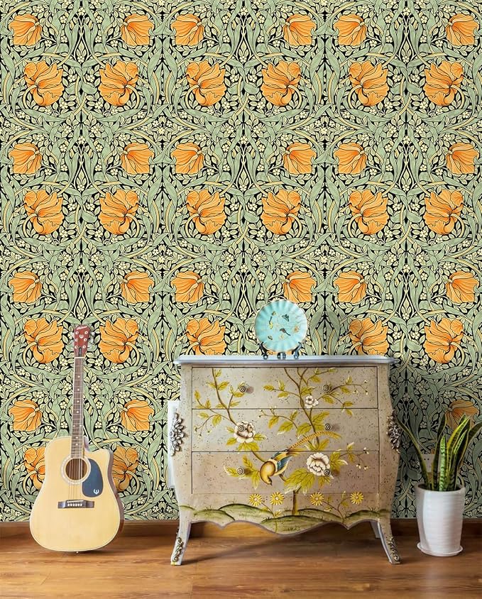 HAOKHOME William Morris Style Peel and Stick Wallpaper Art Deco Wall Paper | Green Black Yellow Textured Renter Friendly Removable Wall Paper Vintage Floral Bathroom Bedroom Contact Paper 17.3in x 9.8ft - Image 9