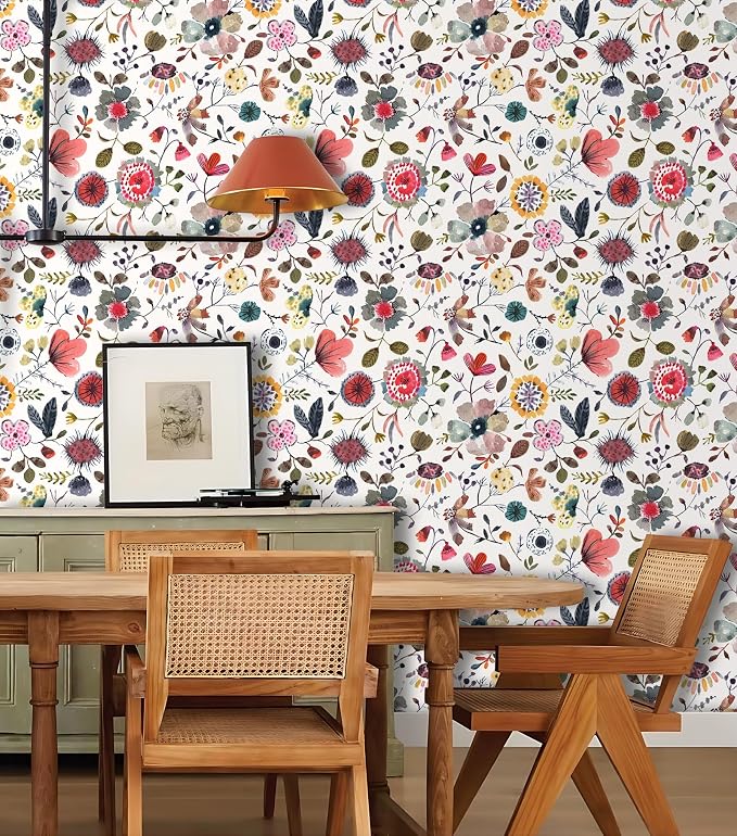 Wallpaper Peel and Stick Floral Wall Paper Removable Waterproof White/Green/Red Contact Paper for Bedroom, Bathroom, Home Wall 17.3" x 118" - Image 3
