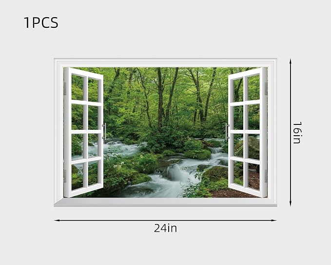 FLFK Fake Window Wall Sticker - Streams in The Jungle Faux Window Wall Mural for Wall Decor, Stick and Peel Wall Decals,24"x16" - Image 2
