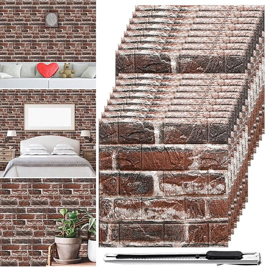 Colarr 60 Pcs 58 Sq ft 3D Wall Panels Peel and Stick Faux Foam 3D Brick Wallpaper Faux Paneling Adhesive Wall Covering Panels Decorative Medieval Tiles Waterproof for Bedroom(Red Brick Color) by Colarr