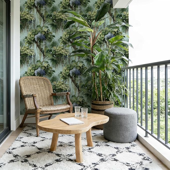 Vintage Wisteria Palm Botanical Peel and Stick Wallpaper | Soft pale backdrop wisteria and palm vine print, Removable waterproof vinyl wall covering, bedroom accent wall decor - Image 6