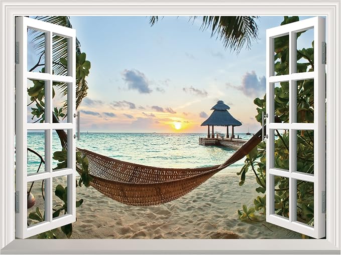 FLFK Fake Window Wall Sticker - Sunset Beach Faux Window Wall Mural for Wall Decor, Stick and Peel Wall Decals,48"x32",Set of 2 Sheets by FLFK