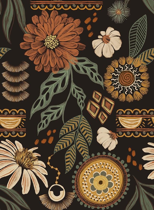 Simon&Siff Boho Floral Wallpaper Peel and Stick 17.3" x 80" | Sun Floral Retro Contact Paper Removable Self Adhesive Contact Paper, Renter Friendly for Cabinets, Furniture, DIY Decor by SimonSiff