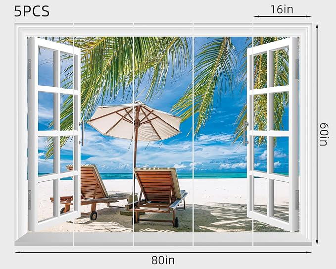 FLFK Fake Window Wall Mural - Ocean Beach Faux Window Wall Decal for Wall Decor, Peel and Stick Wall Sticker,80"x60",Set of 5 Sheets - Image 2