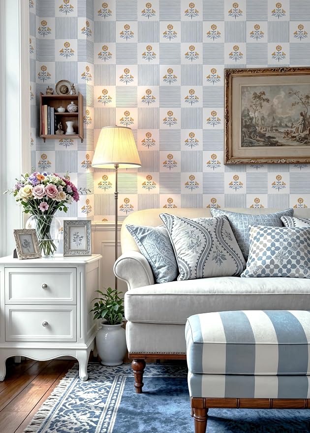 Guvana Blue Floral Peel and Stick Wallpaper Boho Contact Paper Vintage Floral Self-Adhesive Removable Waterproof Wallpaper Renter Friendly 394"×17.3" for Bedroom Livingroom Hallway Cabinets Drawer - Image 3