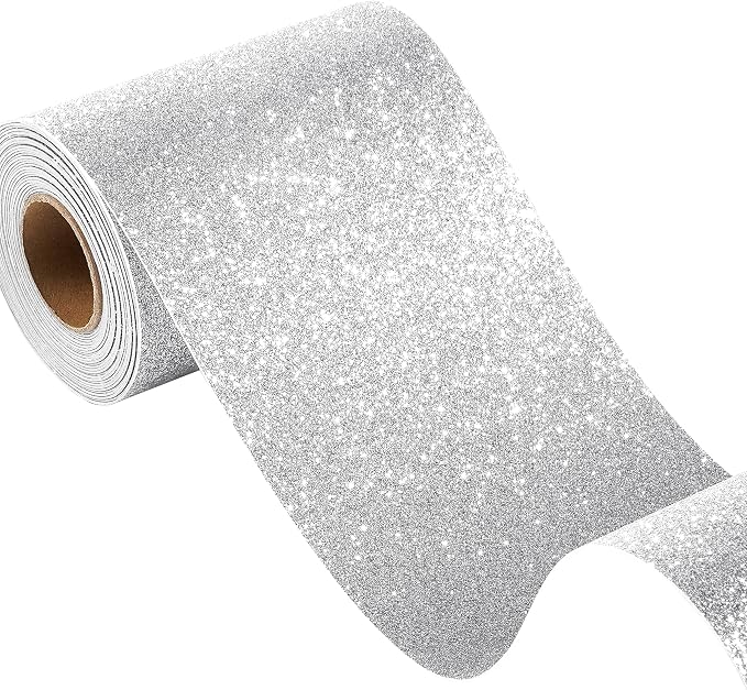 FunStick Glitter Wallpaper Border Peel and Stick Glitters Wall Border Self Adhesive Fabric Silver Wallpaper Borders Removable Silver Glitter Contact Paper Decor for Room Walls Bulletin Board 3.9"x200" by FunStick