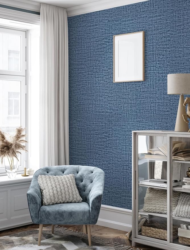 Blue Wallpaper Grasscloth Peel and Stick Wallpaper 17.7inch x 196.8inch Textured Wall Paper Stick and Peel Blue Contact Paper Grasscloth Faux Linen Removable Navy Waterproof Self Adhesive Vinyl | Faux Linen Vintage Wallpaper Textured Removable Wall Pap... - Image 7