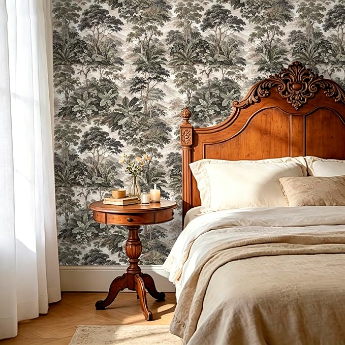 HAOKHOME Vintage Peel and Stick Wallpaper Forest Bathroom 17.3in x 19.7ft | Self Adhesive Removable Landscape Botanical Jungle Toile Wall Paper Textured Bedroom Accent Wall Green Grey Contact Paper - Image 6