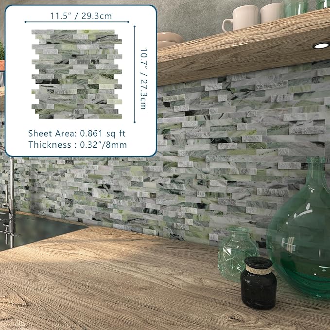 SUNWINGS 5-Sheet Peel and Stick Mosaic Natural 3D Stone Self Adhesive Marble Tiles, 11.5" x 10.7" Stick on Backsplash for Kitchen Bathroom Fireplace Vanity, Emerald Green - Image 2