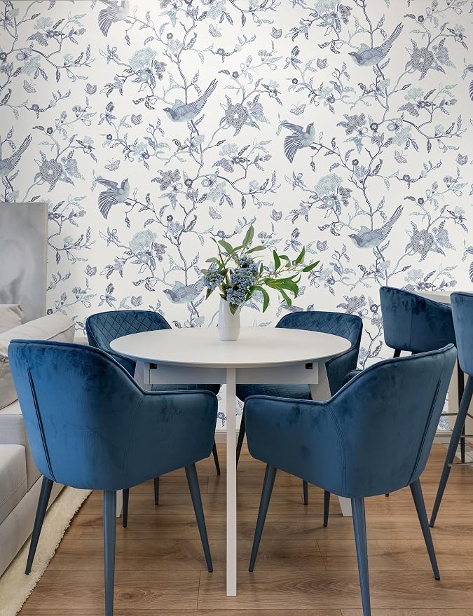 Timeet Peel and Stick Wallpaper Vintage Floral Contact Paper Blue and White Birds Wallpaper Removable Self Adhesive Flower Wall Paper for Bedroom Living Room 16.14"x393.7" - Image 7
