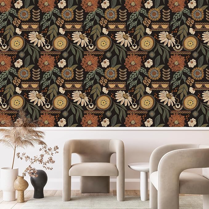 Simon&Siff Boho Floral Peel and Stick Wallpaper 17.3" x 800" | Sun Floral Retro Contact Paper Removable Self Adhesive Contact Paper, Renter Friendly for Cabinets, Furniture, DIY Decor - Image 6