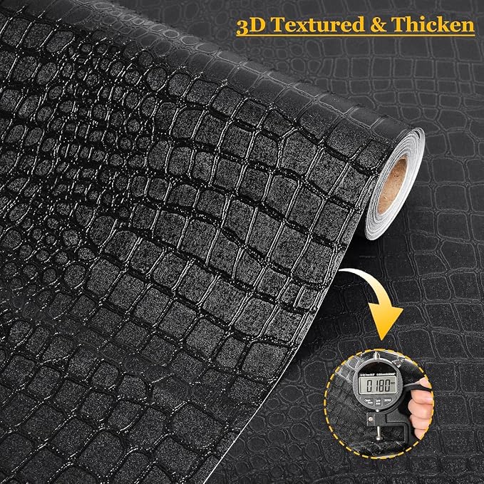 Fititem Black Peel and Stick Wallpaper Crocodile Texture Modern 1180”×17.3” | Black Wallpaper for Bedroom Bathroom Waterproof Removable Self Adhesive Wallpaper 3D Embossed Faux Leather Contact Paper Dark - Image 4