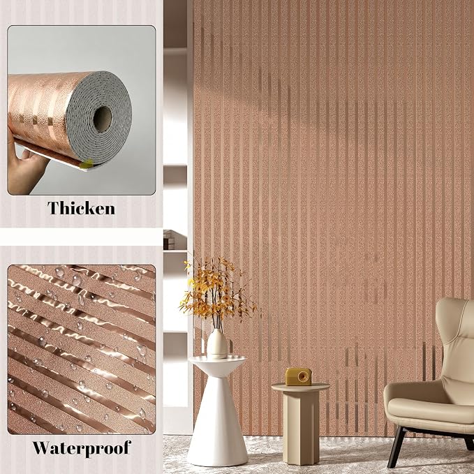 2mm Thick Peel and Stick Wallpaper Glossy Striped Texture Wall Panels | 23.62" x 110.24" Self Adhesive Contact Paper Waterproof Renter Friendly Removable Vinyl for Kitchen Office TV Accent Wall - Image 9