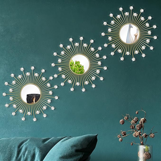 3 Pack Metal Mirrors for Wall Sunburst Wall Mirrors Home Décor Decorative Hanging Wall Art for Living Room Bedroom Entryway (Gold2 Crystal, Sunburst) - Image 5
