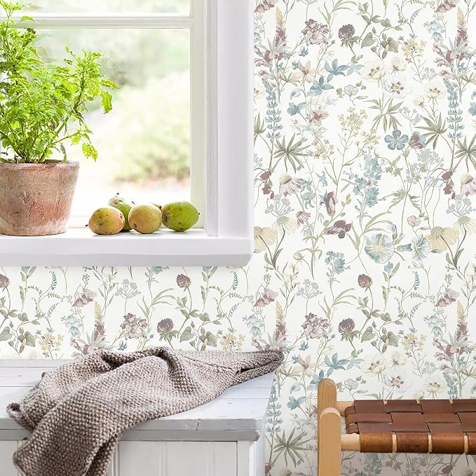 Blue Floral Peel and Stick Wallpaper Boho Leaf Self Adhesive Wallpaper | 16.9" x197" DIY Removable Contact Paper Botanical Flower Leaf Wall Paper Decoration for Bedroom Wall Cabinets Waterproof - Image 5