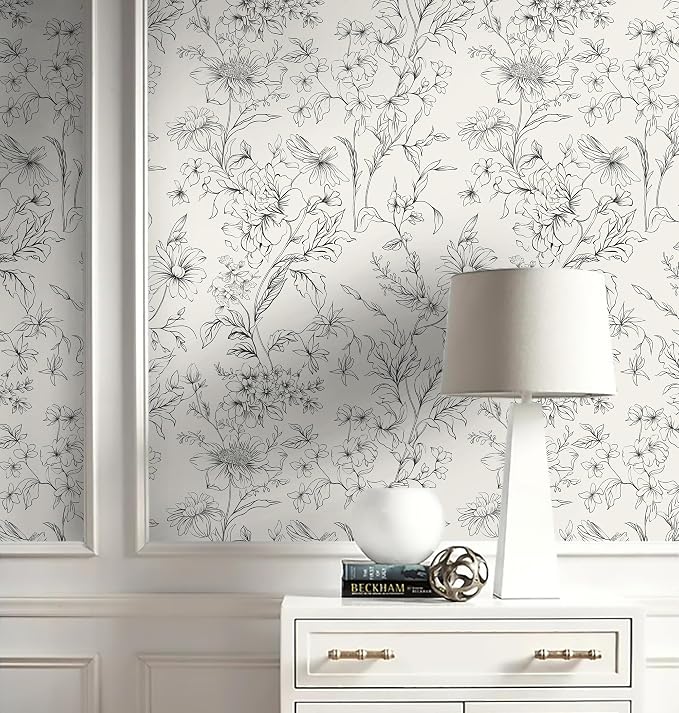 Hopepak 17.3''x394'' Black and Cream White Floral Wallpaper Peel and Stick Wall Paper for Bedroom Self Adhesive Removable Contact Paper Waterproof for Bathroom - Image 2