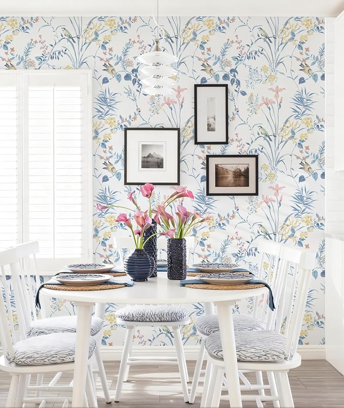 Erfoni Boho Floral Peel and Stick Wallpaper Blue Floral Birds Contact Paper | 16.9" x118" DIY Self Adhesive Removable Wallpaper for Livingroom Cabinet Decor Modern Flower Leaf Wallpaper Vinyl Roll - Image 8