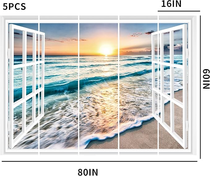FLFK Fake Window Wall Sticker - Sunset Beach Faux Window Wall Mural for Wall Decor, Stick and Peel Wall Decals,80"x60",Set of 5 Sheets - Image 2