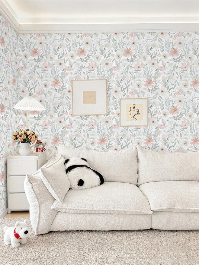 Peel and Stick Wallpaper Pink and Green Floral Wall Paper French Country Vintage Contact Paper Neutral Botanical Self Adhesive Removable Wallpaper for Kitchen Living Room Bathroom Bedroom 17.3" × 197" - Image 9