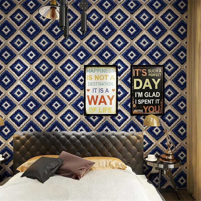 Stickorama Boho Tufted Textured Geometric Fabric Peel and Stick Wallpaper Self Adhesive 17.72" x 118.12'' Navy Blue Rhombus Wall Paper Renter Friendly Removable Waterproof for Living Room Bedroom - Image 3