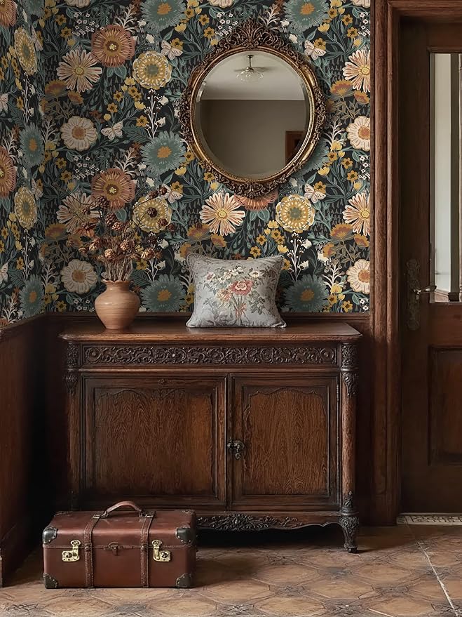Dimoon Boho Retro Wallpaper Peel and Stick Wallpaper Vintage Floral Contact Paper 17.3''x197'' Dark Black Bohemian Removable Wall Paper Renter Friendly Waterproof Wall Mural Bedroom Bathroom Vinyl - Image 9