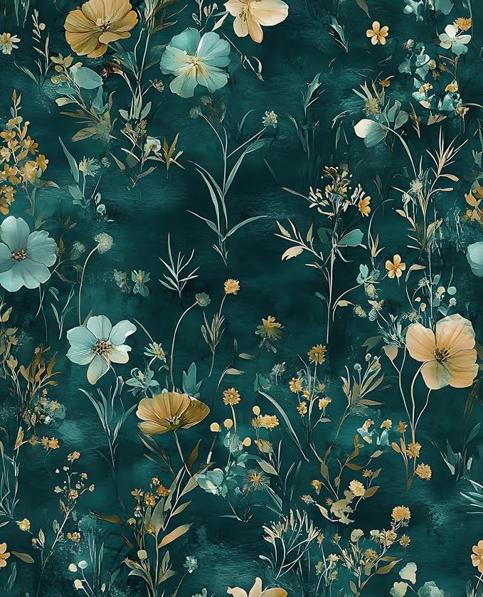 Laatse Floral Leaf Vintage Wallpaper Peel and Stick 17.5" x 118", Teal Gold | Self Adhesive/Removable/Waterproof/Thick Vinyl Contact Paper for Bathroom Bedroom Shelf Cabinet Drawer,Prepasted,Easy Peel by Laatse