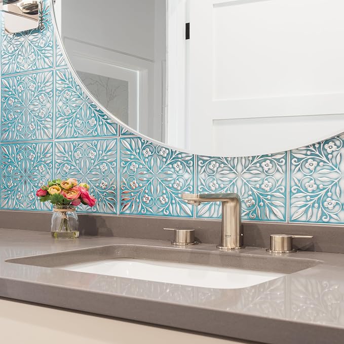 Peel and Stick Metal Tiles, Teal & Silver Leaves, 10-Pack | 8 x 8 in tile size; Covers up to 4.44 sq ft; Aluminum; Water-resistant surface; For kitchens, ceilings, DIY projects - Image 5