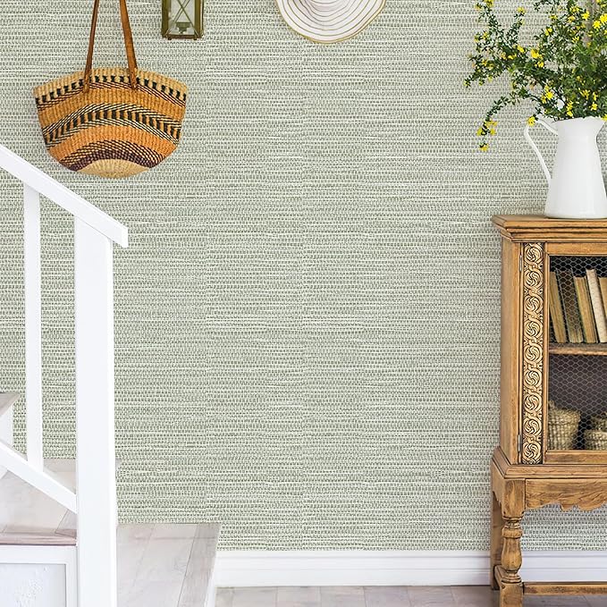 HueBurst Green Grasscloth Peel and Stick Wallpaper 17.3" x 394" Renter Friendly Neutral Textured Grassweave Wallpaper Self Adhesive Removable for Bathroom Bedroom - Image 3