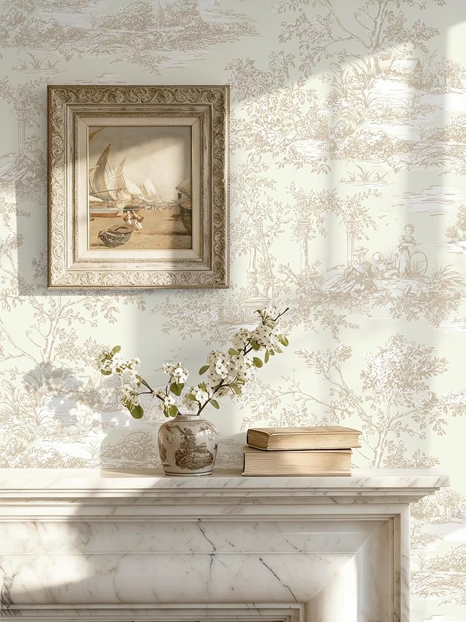 Toduso Peel and Stick Wallpaper Vintage Beige and Cream Neutral Wallpaper Toile Removable Self-Adhesive Waterproof Tree Contact Paper for Bedroom Living Room Cabinets Thicken Vinyl 17.3''x196.8'' - Image 2