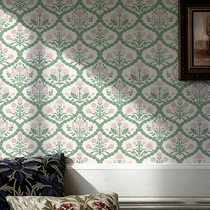 Pink Floral Peel and Stick Wallpaper Vintage Wall Paper Boho Pink Floral Damask Wallpaper for Bedroom Decorative Self Adhesive Shelf Drawer Liner 17.3" x 78.7" - Image 5