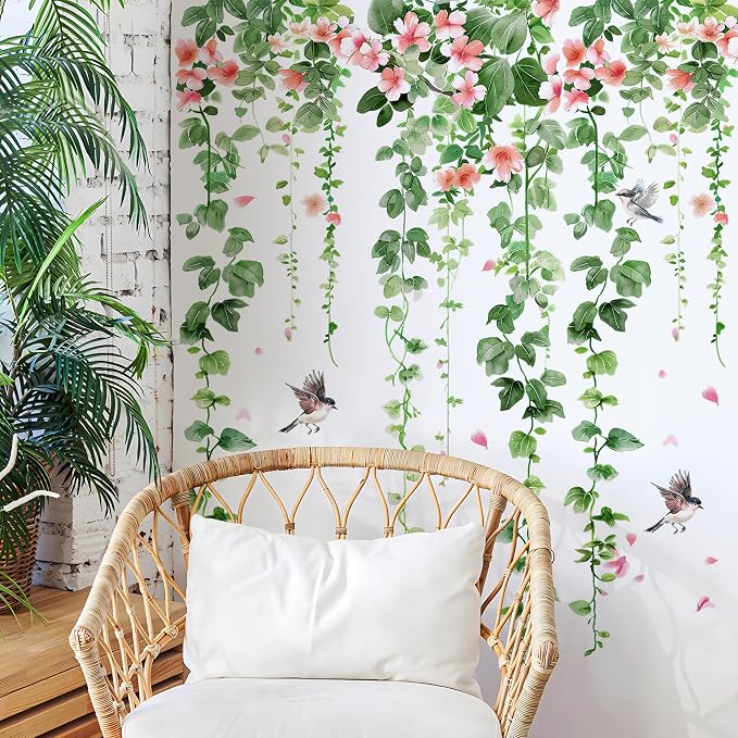 4 Sheets Green Plants Flower Wall Decals Hanging Vine Green Leaves Wall Stickers Watercolor Pink Flowers Wall Art Nature Removable Peel and Stick Wallpaper for Kids Bedroom Nursery Home Decoration 21 - Image 8