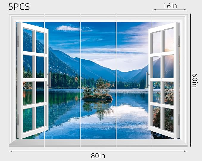 FLFK Fake Window Wall Mural - Mountain Lake Faux Window Wall Decal for Wall Decor, Peel and Stick Wall Sticker,80"x60",Set of 5 Sheets - Image 2