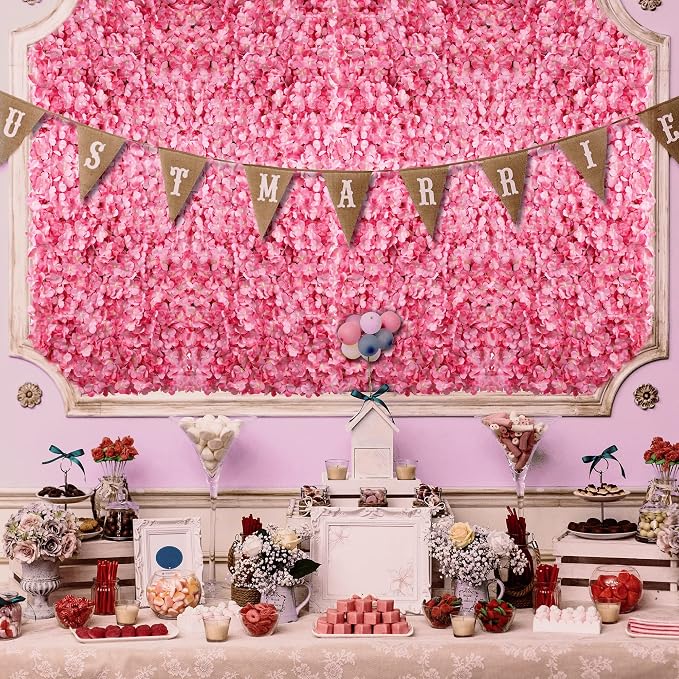 BLOSMON Pink Flower Wall Panel Backdrop Decor, 12 Pcs, 24 x 16 Inch | Hydrangea Artificial Flower Backdrops, for Wedding, Party, Bridal Shower, Hanging Fake Silk Floral Panels for DIY Decor - Image 3