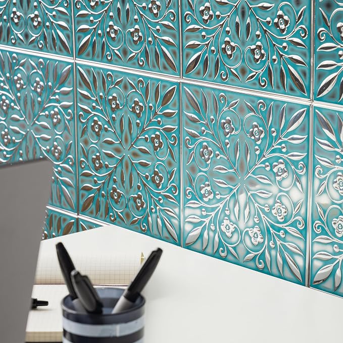 Peel and Stick Metal Tiles, Teal & Silver Leaves, 10-Pack | 8 x 8 in tile size; Covers up to 4.44 sq ft; Aluminum; Water-resistant surface; For kitchens, ceilings, DIY projects - Image 7