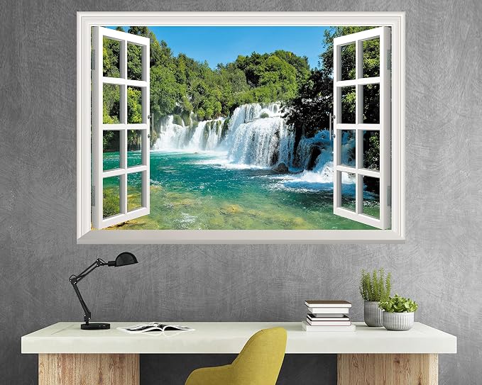 FLFK Fake Window Wall Sticker - Waterfall Faux Window Wall Mural for Wall Decor, Stick and Peel Wall Decals,48"x32",Set of 2 Sheets - Image 3