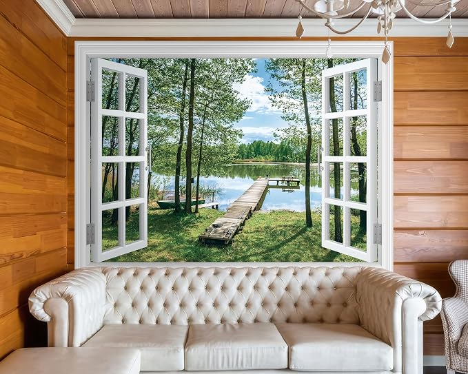 FLFK Fake Window Wall Decal Peel and Stick Wall Mural 80" x 60" | Lake & Forest Scene, 3D Illusion Effect, Removable Design, Home Office Decor, Pre-cut into 5 pieces - Image 4