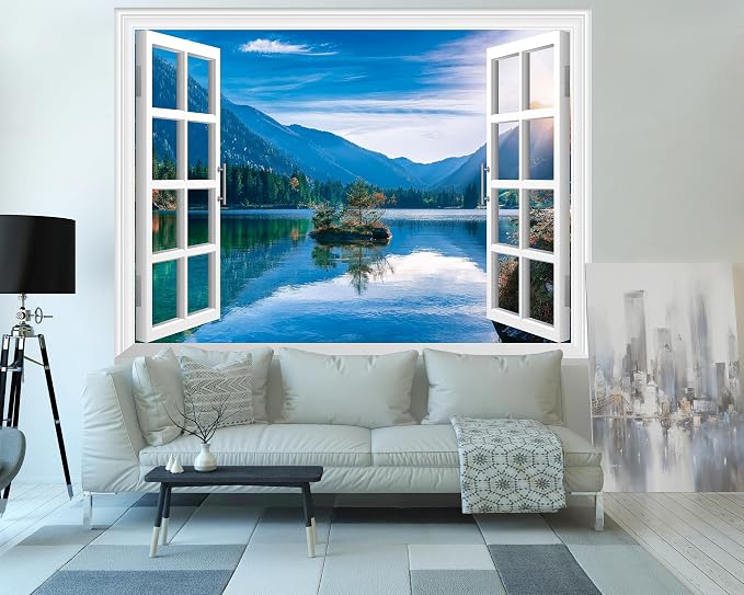 FLFK Fake Window Wall Mural - Mountain Lake Faux Window Wall Decal for Wall Decor, Peel and Stick Wall Sticker,80"x60",Set of 5 Sheets - Image 4