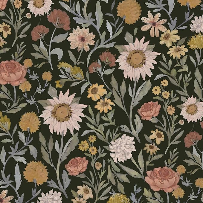 Dimoon Vintage Peel and Stick Wallpaper Boho Dark Floral Contact Paper 17.3''x78.7'' Retro Rustic Pink Removable Wall Paper Renter Friendly Texture Black Wallpaper for Bedroom Bathroom Cabinets Vinyl by DIYYOURMOON