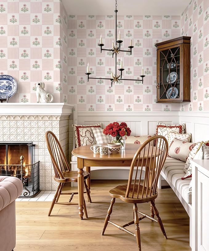Guvana Pink Floral Peel and Stick Wallpaper Vintage Floral Wallpaper Boho Wall Paper Removable Modern Contact Paper Vinyl Self Adhesive for Bedroom Bathroom Kitchen Livingroom Covering 17.3" x 78.7" - Image 8