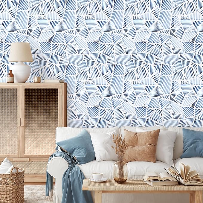 RUSPEPA Blue Geometric Peel and Stick Wallpaper, Watercolor Abstract Brushstroke Pattern, Self-Adhesive Waterproof Contact Paper for Home, Bedroom, Cabinet, Accent Wall Decor, 17.3 Inch x 6.5 Feet - Image 2