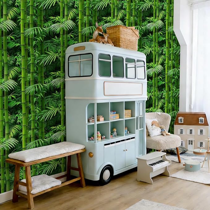 Vintage Green Bamboo Wallpaper Botanical Peel and Stick Wallpaper | Lush fresh green bamboo and palm foliage print, Removable waterproof vinyl wall covering, bedroom accent wall decor - Image 2