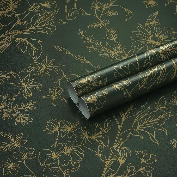 Hopepak 17.3''x197'' Floral Peel and Stick Wallpaper Gold and Green Contact Paper Self Adhesive Removable Wall Paper for Bedroom Waterproof for Bathroom Cabinet by Hopepak