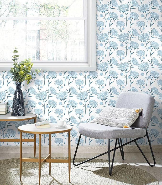 Hopepak Floral Peel and Stick Wallpaper Contact Paper Blue Wall Paper Modern Self Adhesive Removable Vinyl Wallpaper for Bedroom 17.3"x118" - Image 3