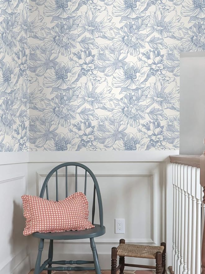 Ismoon Vintage Floral Wallpaper Peel and Stick Beige and Blue Contact Paper 17.3inx32.75ft Removable Self Adhesive Wall Paper for Bathroom Bedroom Cabinet Mural Wall Decor Vinyl Renter Friendly - Image 7