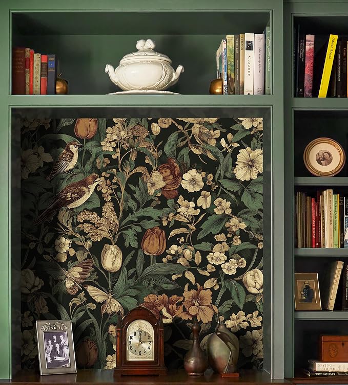 Erfoni Vintage Floral Peel and Stick Wallpaper Dark Floral and Birds | 17.3" x118" Contact Paper DIY Self Adhesive Removable Wallpaper for Bedroom Cabinets Decor Retro Boho Flower Leaf Wall Paper - Image 3
