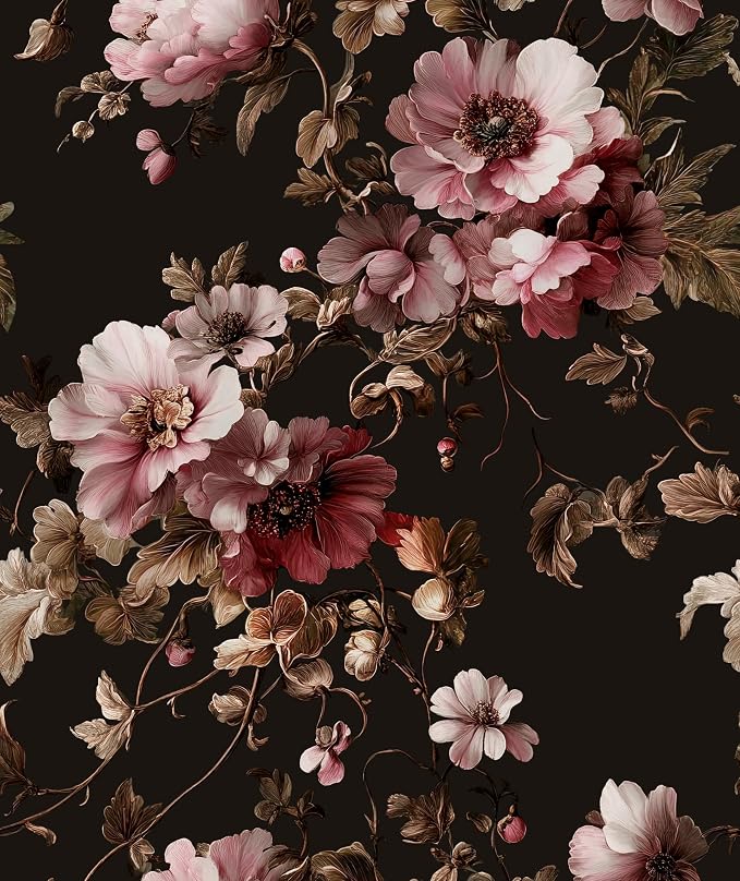Laatse Dark Floral Brown Wallpaper Peel and Stick17.5 × 393", Black Pink | Self Adhesive/Removable/Waterproof/Thick Vinyl Contact Paper for Bathroom Bedroom Shelf Cabinet Drawer,Prepasted,Easy Peel by Laatse