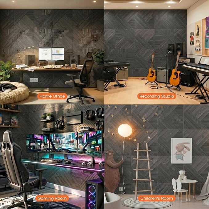 BUBOS 6 Pack Wood Wall Panel,23.6"x23.6" Peel and Stick Faux Acousitc Panel | Luxury Black Woodgrain Textured Panel for Wall & Home Decor - Self Adhesive Sound Absorbing for Studio,Office, Living Room - Image 6